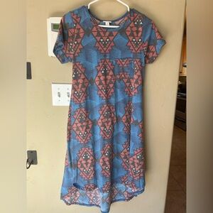 LuLaRoe Carly Geometric Patterned Blue and Coral Dress
